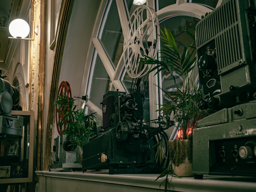 Vintage television studio with bright stage lights and old cameras